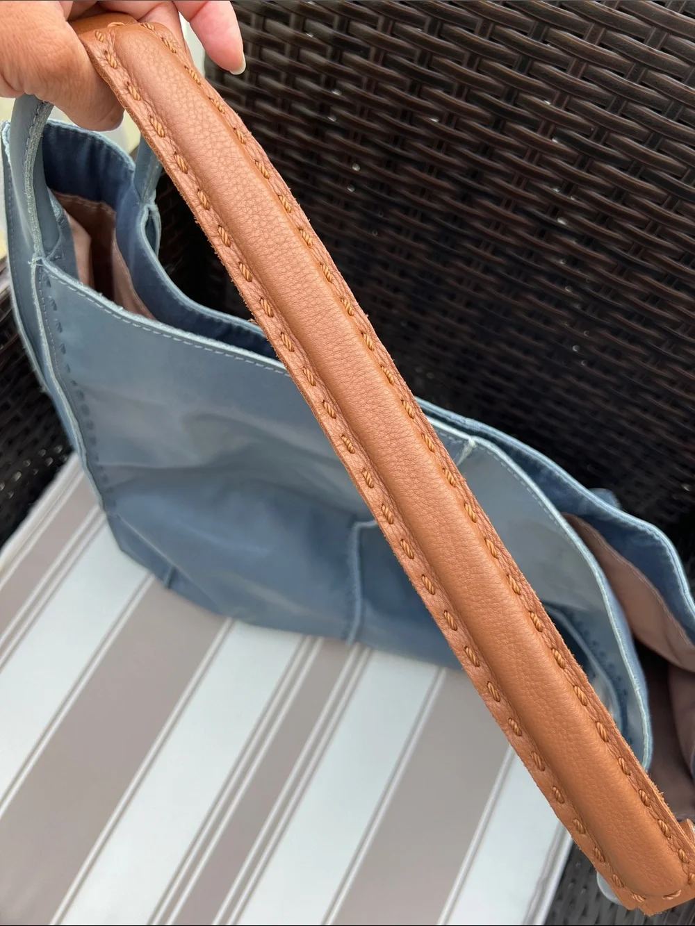 The Sak Two-Tone Blue Leather Tote with Tan Strap